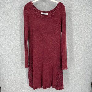 Able Womens Long Sleeve Waffle Knit Dress Size L Red Crochet Boho Thermal USA
